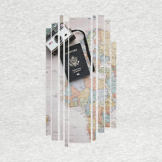 Photo of travel gear - mat, camera, passport T-shirt print | Travel and Adventures by Monkey Mindset